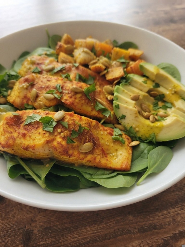 A vibrant bowl of seasoned salmon fillets served on a bed of fresh spinach, topped with diced sweet potatoes, avocado slices, and pumpkin seeds, garnished with fresh herbs.