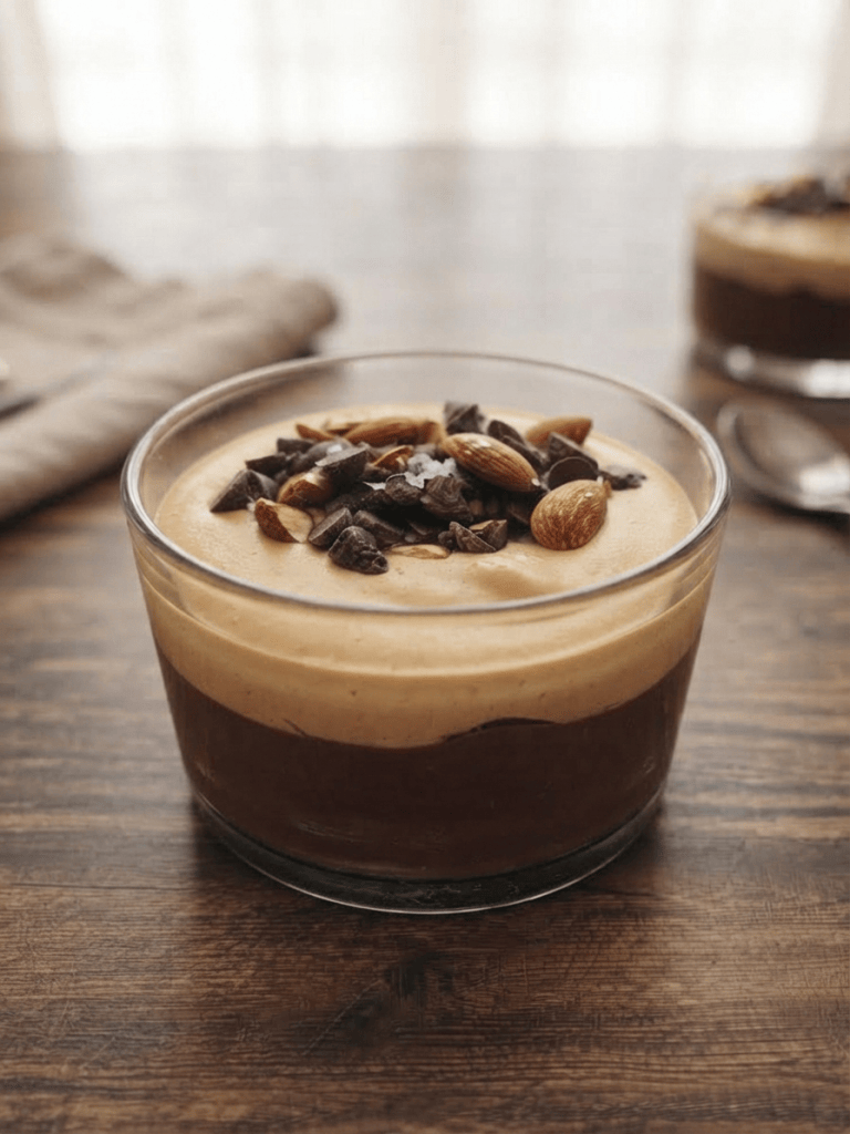 A glass dessert featuring chocolate mousse at the bottom and a creamy layer on top, garnished with chopped chocolate and almonds, set on a wooden table.