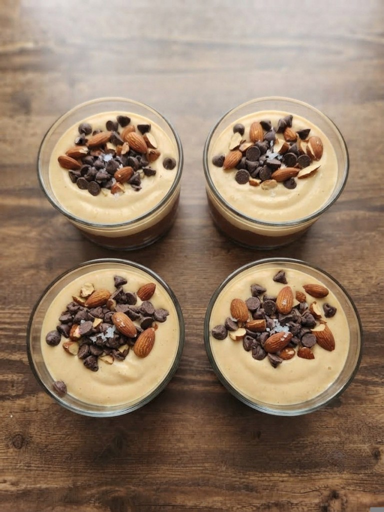 Four glass bowls containing a creamy dessert topped with chocolate chips, almonds, and a sprinkle of salt, arranged on a wooden surface.