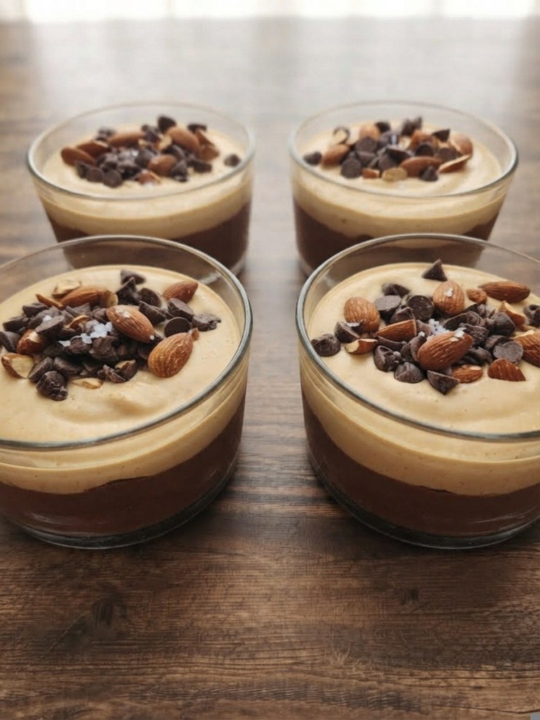 Four glass dessert cups filled with layered chocolate mousse and a creamy topping, garnished with almonds and chocolate chips, placed on a wooden surface.