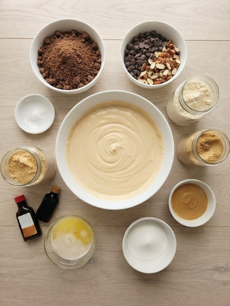 Variety of baking ingredients arranged on a wooden surface, including brown sugar, chocolate chips, chopped nuts, a bowl of batter, and jars of various powders and liquids.