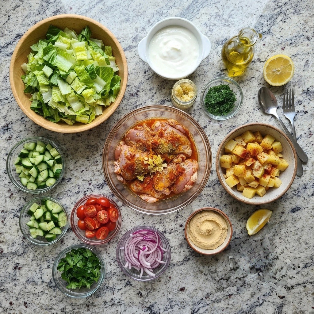A variety of fresh ingredients arranged on a marble countertop, including a bowl of chopped romaine lettuce, marinated chicken in a glass dish, diced cucumbers, cherry tomatoes, red onions, and cooked potatoes, along with yogurt, olive oil, lemon, garlic, fresh dill, parsley, and hummus.