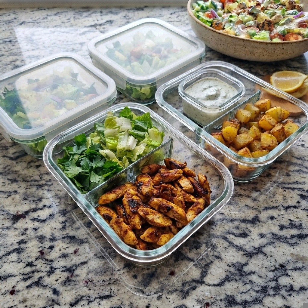Meal prep containers with grilled chicken, chopped lettuce, fresh cilantro, roasted potatoes, and a container of sauce on a granite countertop.
