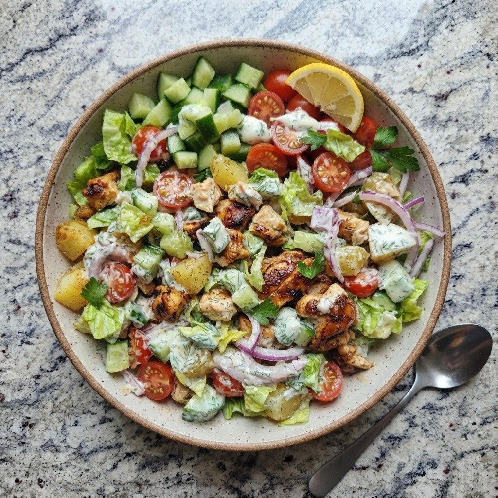 A colorful salad bowl featuring chopped lettuce, cherry tomatoes, cucumbers, and grilled chicken, topped with a creamy dressing and garnished with a lemon wedge.