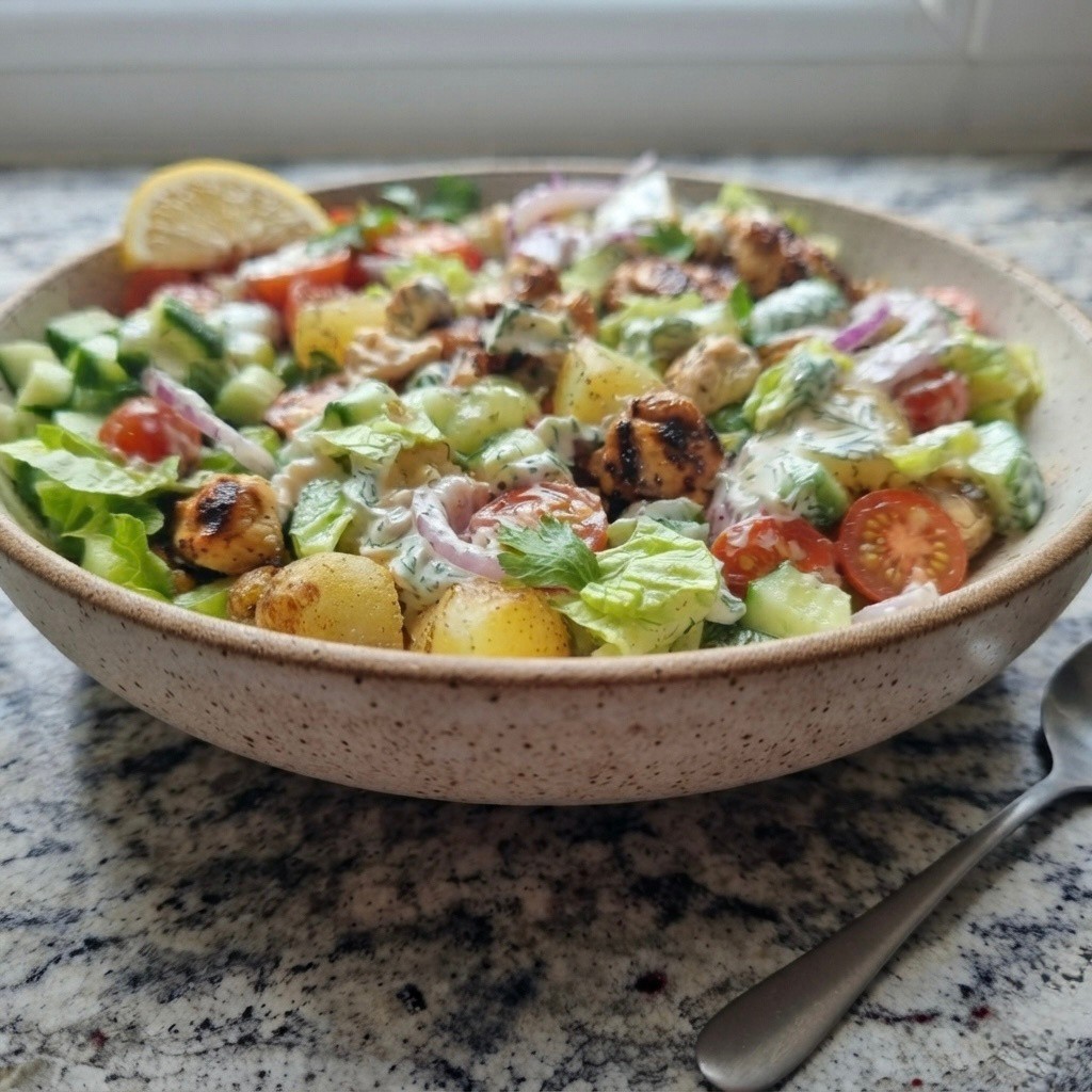 A fresh salad featuring diced cucumbers, cherry tomatoes, lettuce, grilled chicken, and baby potatoes, drizzled with a creamy dressing, served in a rustic bowl, with a lemon wedge on the side.