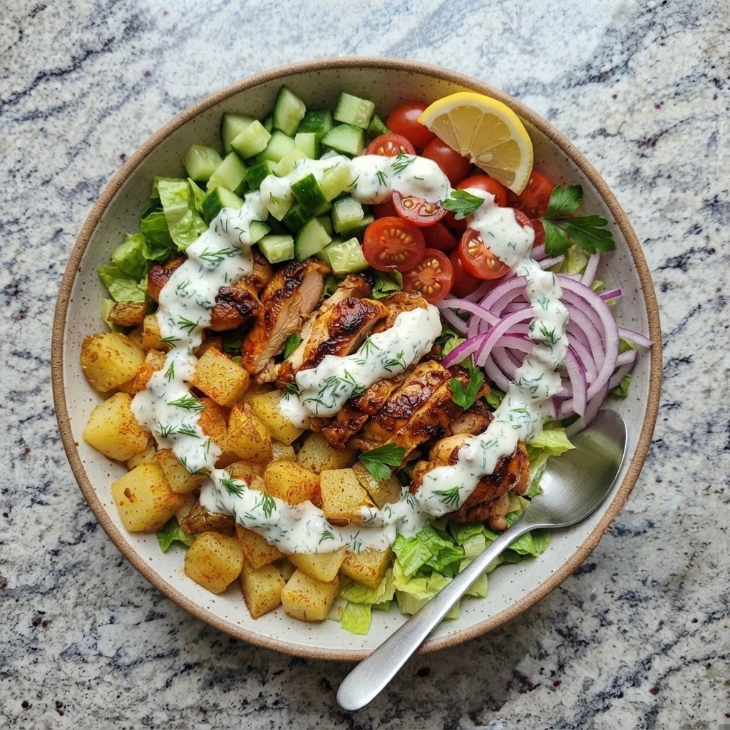 A colorful salad bowl featuring grilled chicken, roasted potatoes, diced cucumbers, cherry tomatoes, red onions, and lettuce, drizzled with a creamy sauce and garnished with a lemon wedge and parsley.