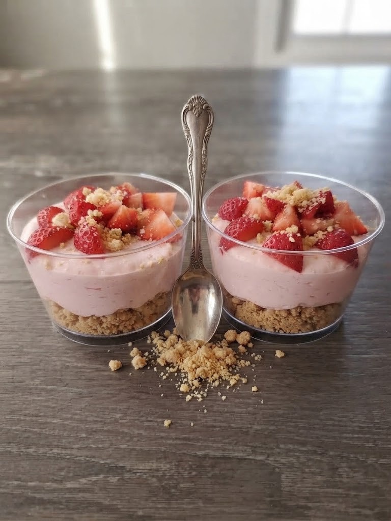 Two dessert cups filled with strawberry mousse, topped with fresh strawberries and crumbled cookies, placed on a wooden surface with a spoon beside them.