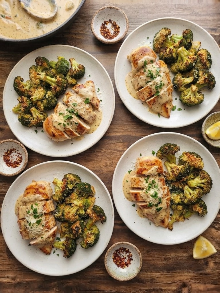 Plates of cooked chicken breast with creamy sauce served alongside roasted broccoli on a wooden table.