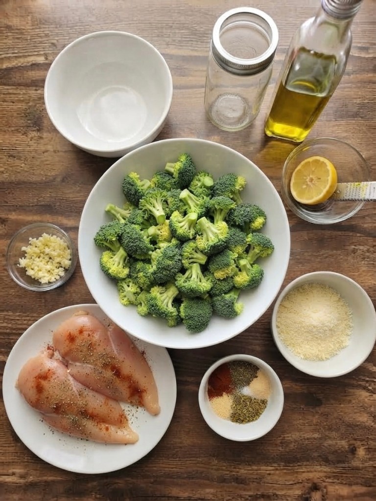 Ingredients for a healthy meal including broccoli, chicken breasts, spices, olive oil, garlic, lemon, and bowls for preparation.