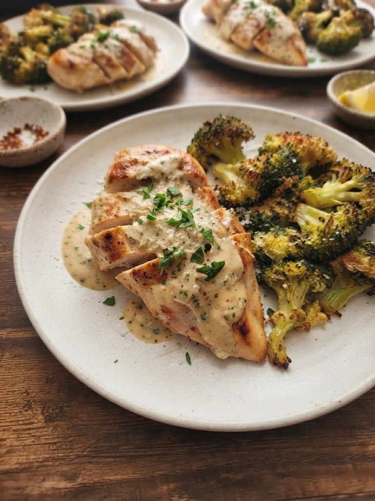 A plate with sliced grilled chicken breast topped with creamy sauce and fresh parsley, accompanied by roasted broccoli.