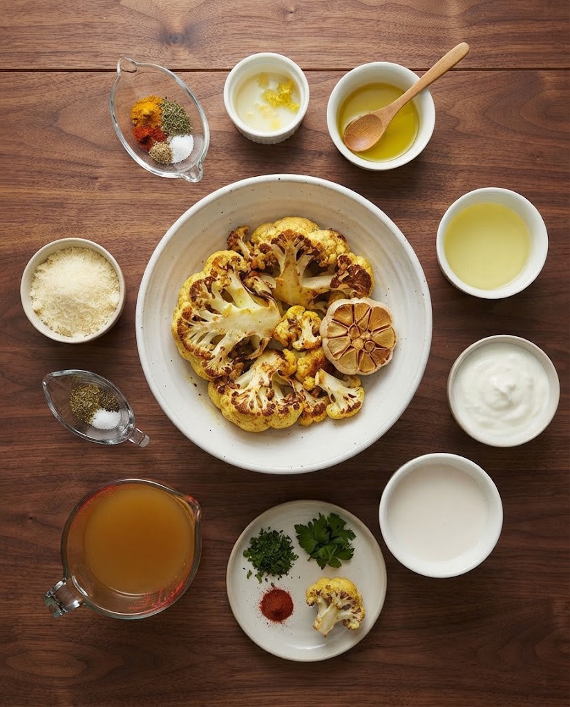 A flat lay of cooking ingredients including roasted cauliflower, garlic, bowls of yogurt, cream, oil, broth, spices, and fresh herbs on a wooden table.