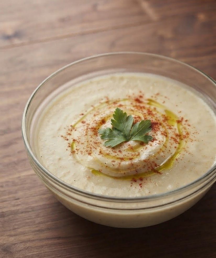 A bowl of creamy hummus garnished with a swirl of olive oil, a sprinkle of paprika, and a fresh parsley leaf on top.