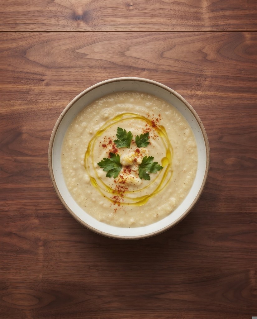 A bowl of creamy soup garnished with fresh parsley, a drizzle of olive oil, and a sprinkle of paprika, placed on a wooden surface.
