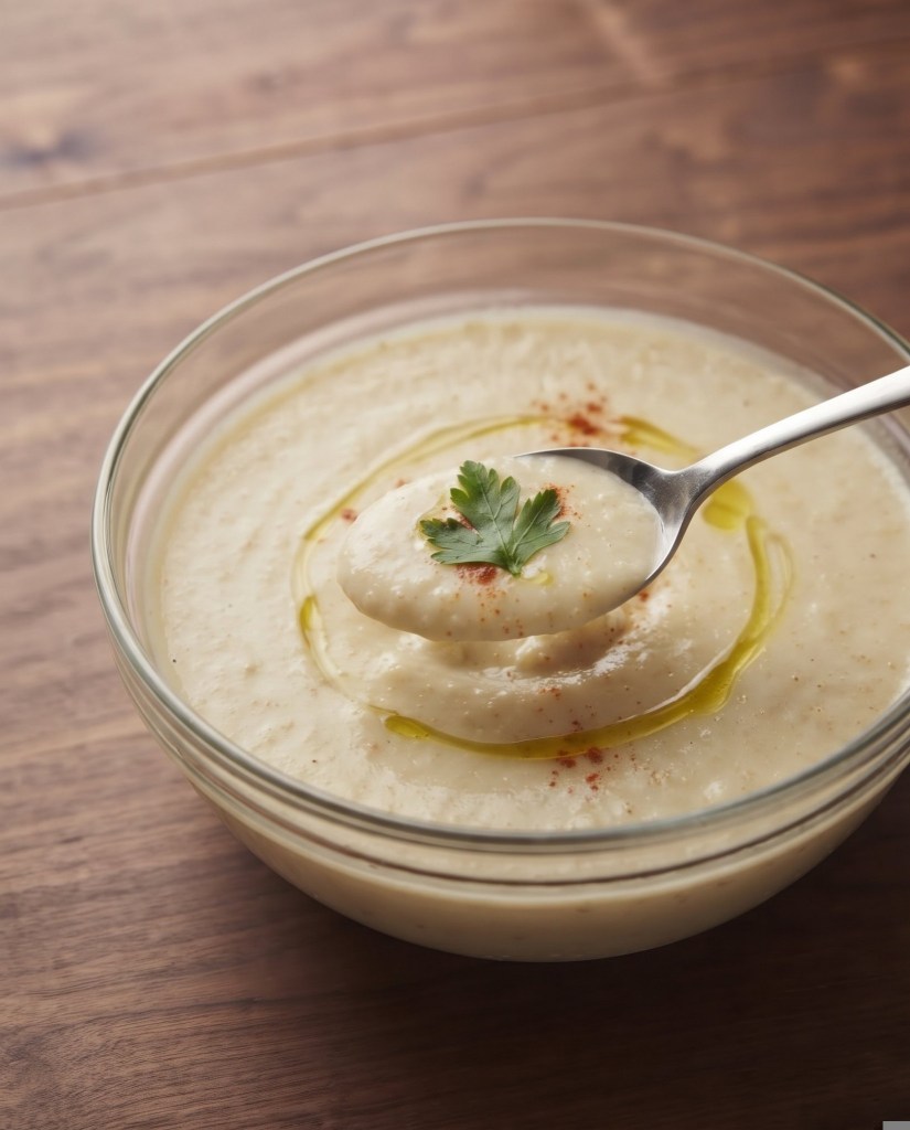 A bowl of creamy hummus topped with olive oil and a sprinkle of paprika, with a spoonful being lifted out.