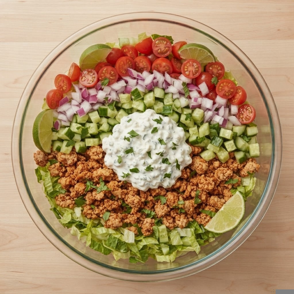 A colorful salad in a glass bowl featuring layers of chopped lettuce, diced cucumbers, red onions, cherry tomatoes, and seasoned ground meat, topped with a dollop of creamy dressing and garnished with lime wedges.
