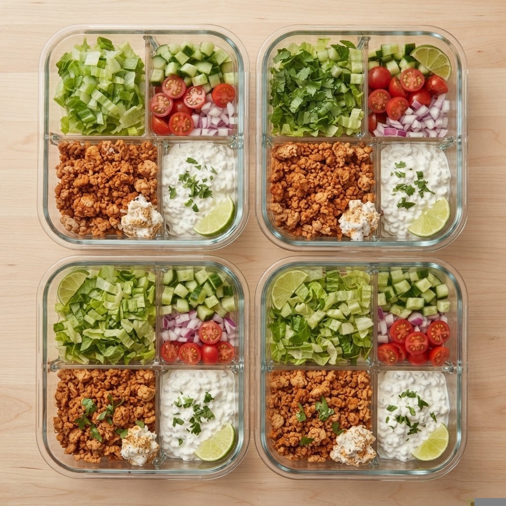 Four meal prep containers with compartments filled with chopped lettuce, cucumbers, cherry tomatoes, onions, and cooked ground meat, served with cottage cheese and lime wedges.
