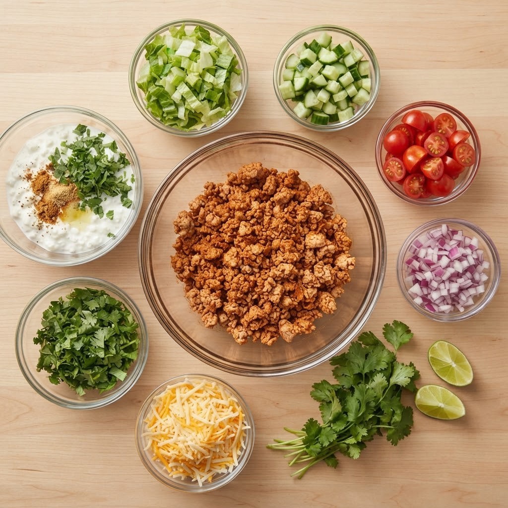 A variety of fresh ingredients arranged on a wooden surface, including cooked ground meat in a bowl, bowls of chopped lettuce, cucumber, cherry tomatoes, red onion, and herbs, as well as shredded cheese and lime slices.