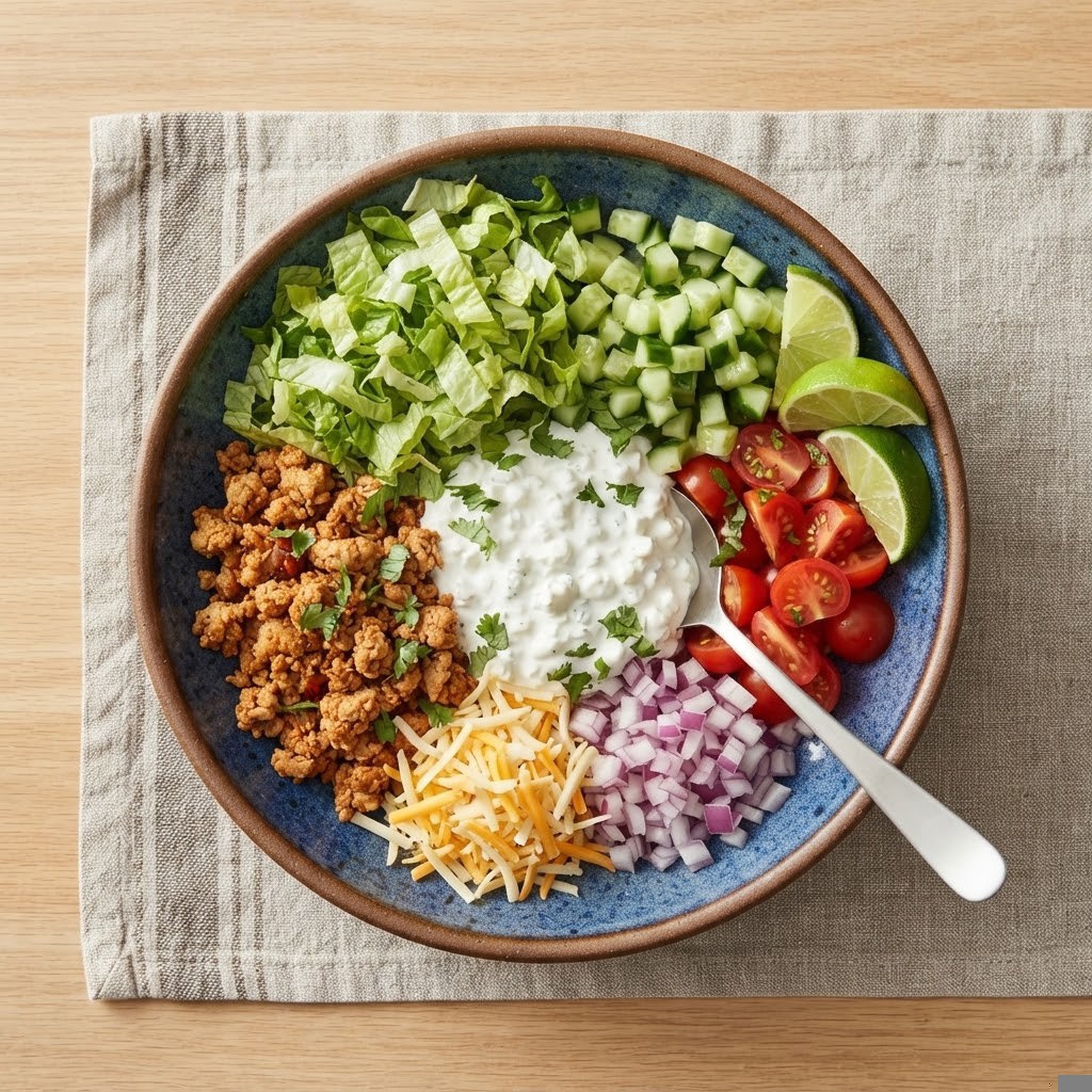 A colorful salad bowl featuring cooked ground meat, chopped lettuce, diced cucumbers, halved cherry tomatoes, shredded cheese, chopped red onions, a dollop of cottage cheese, fresh cilantro, and lime wedges on a wooden table.