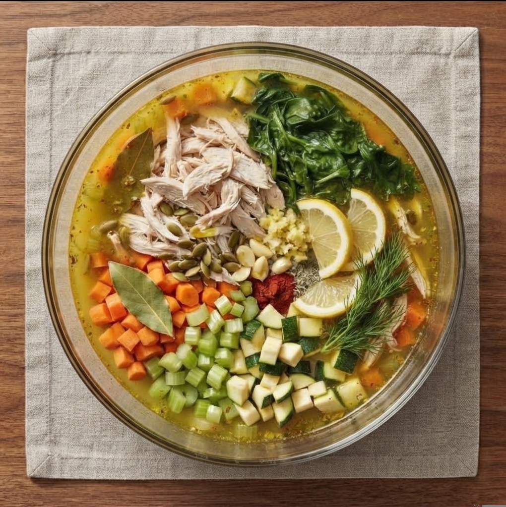 A bowl of soup ingredients featuring shredded chicken, vibrant vegetables including carrots, celery, and zucchini, spinach, lemon slices, garlic, and herbs, set on a neutral linen napkin.