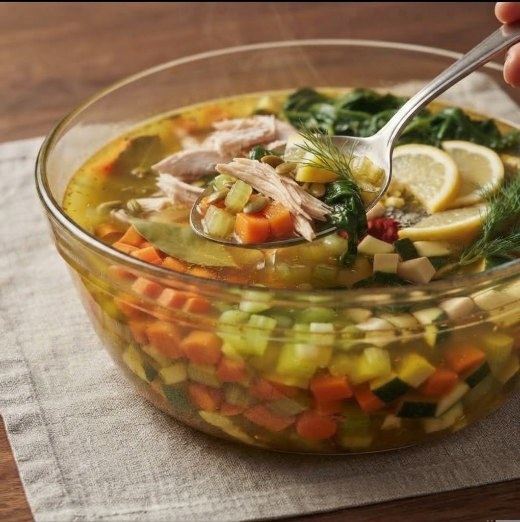A close-up of a bowl of chicken soup with vegetables, including carrots, celery, and spinach, garnished with lemon slices and herbs, as a spoon scoops a portion.