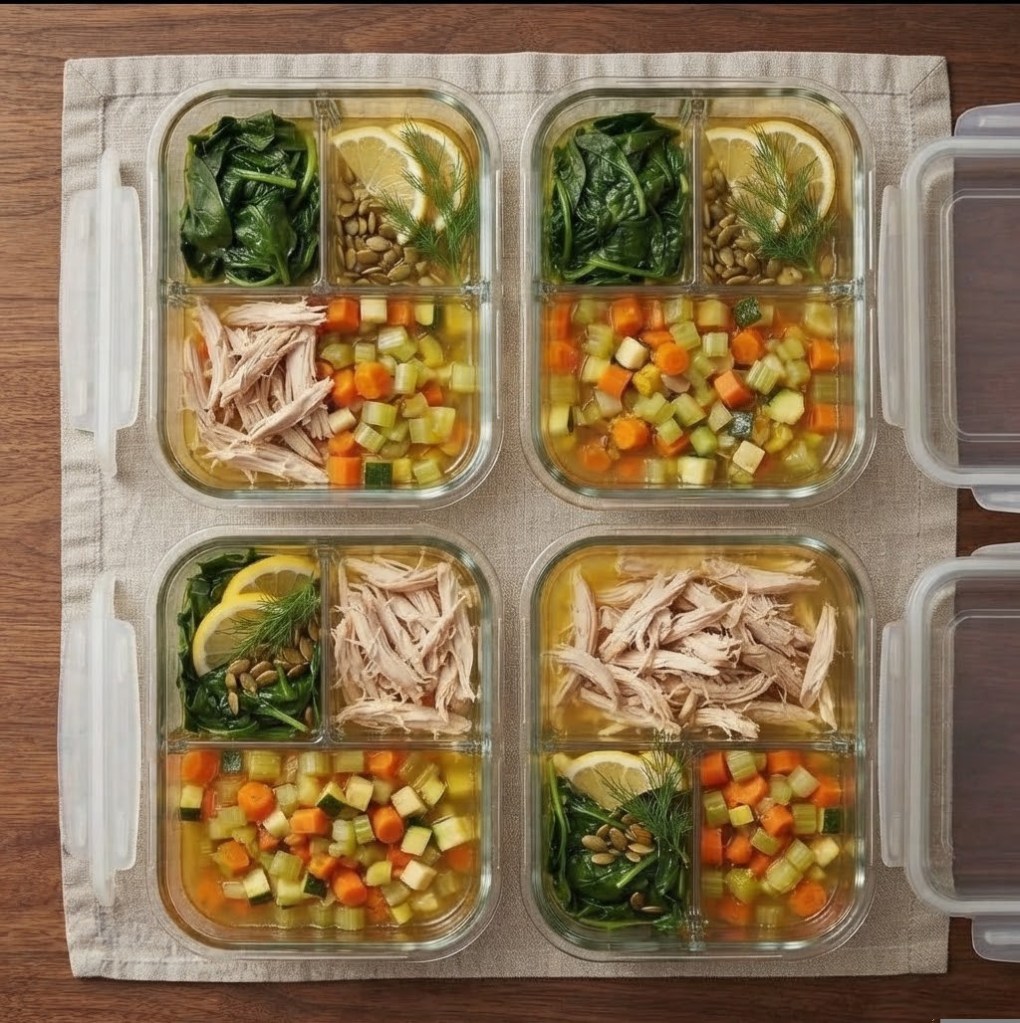 Four meal prep containers filled with chicken soup, vegetables, and greens, arranged neatly on a cloth surface.
