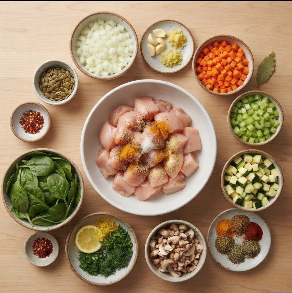 A variety of fresh ingredients for cooking, including diced chicken in a bowl seasoned with spices, surrounded by bowls of chopped vegetables like onions, carrots, celery, zucchini, spinach, garlic, and herbs, along with spices and a lemon slice.