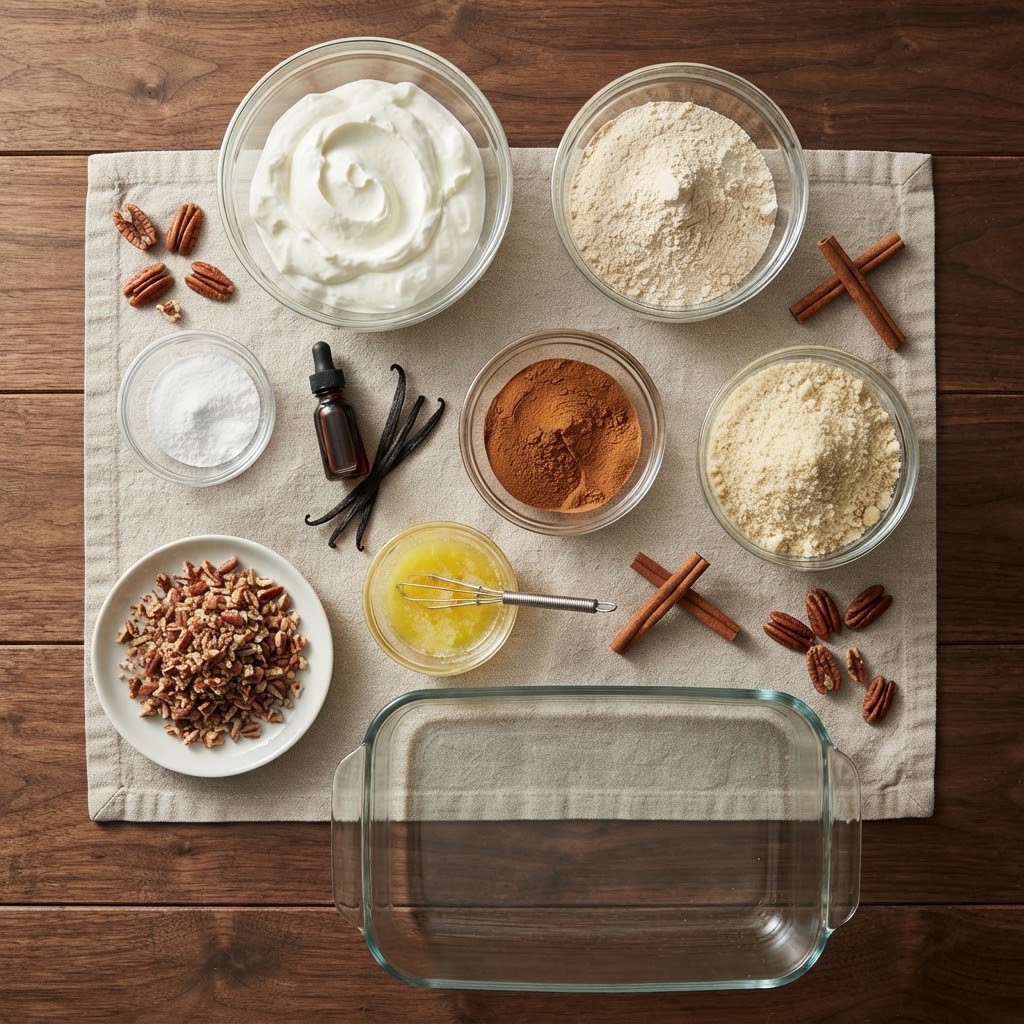 A flat lay arrangement of various baking ingredients including yogurt, different types of flour, cinnamon, and pecans on a beige cloth, with a glass baking dish at the bottom.