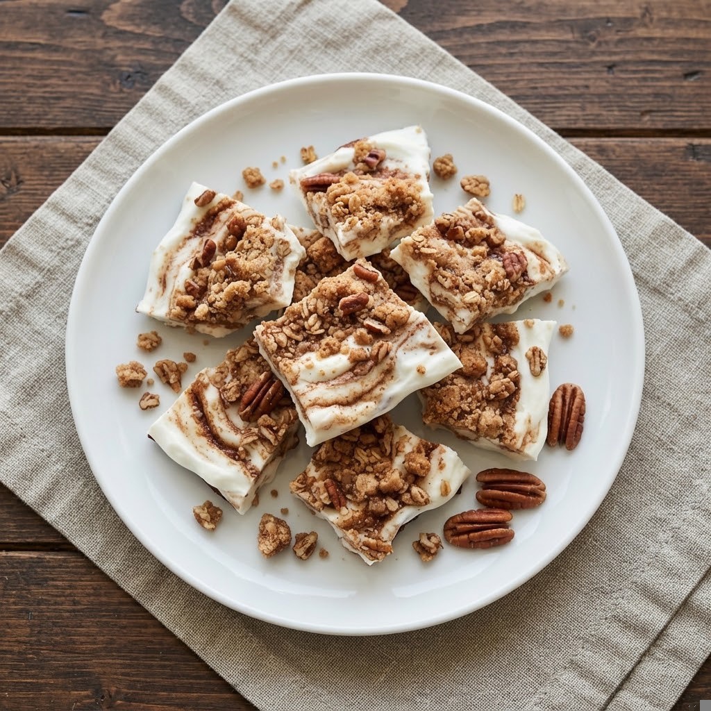 A white plate filled with pieces of dessert topped with granola, nuts, and drizzles of icing, placed on a beige napkin.