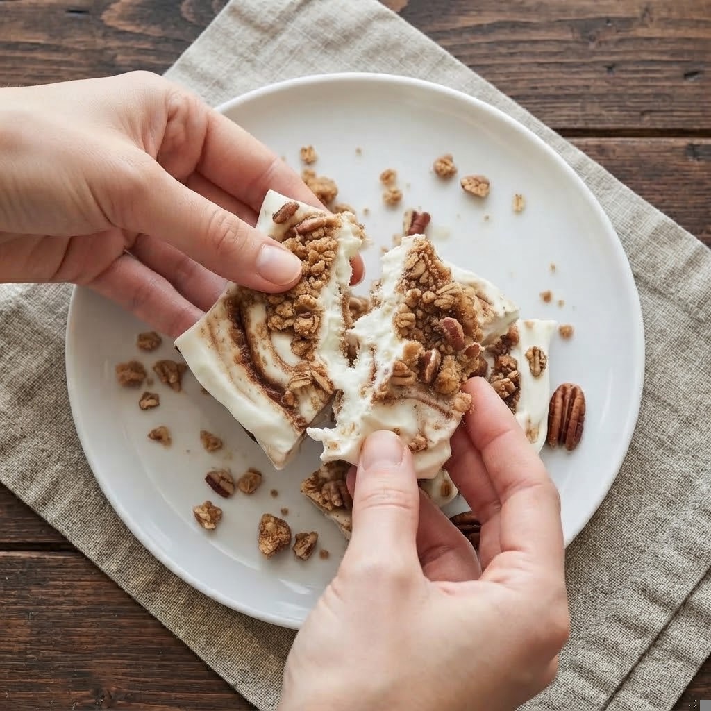 Two hands tearing apart a piece of dessert with granola and pecans, with crumbs scattered on a plate.
