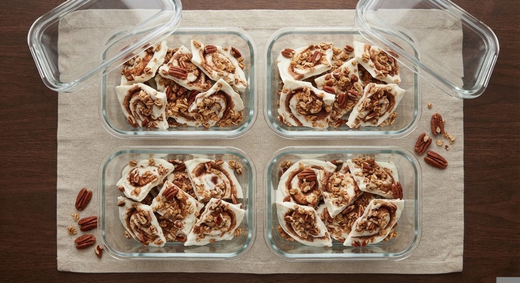 Four glass containers filled with cinnamon roll pieces topped with granola and pecans, placed on a beige cloth over a wooden surface.