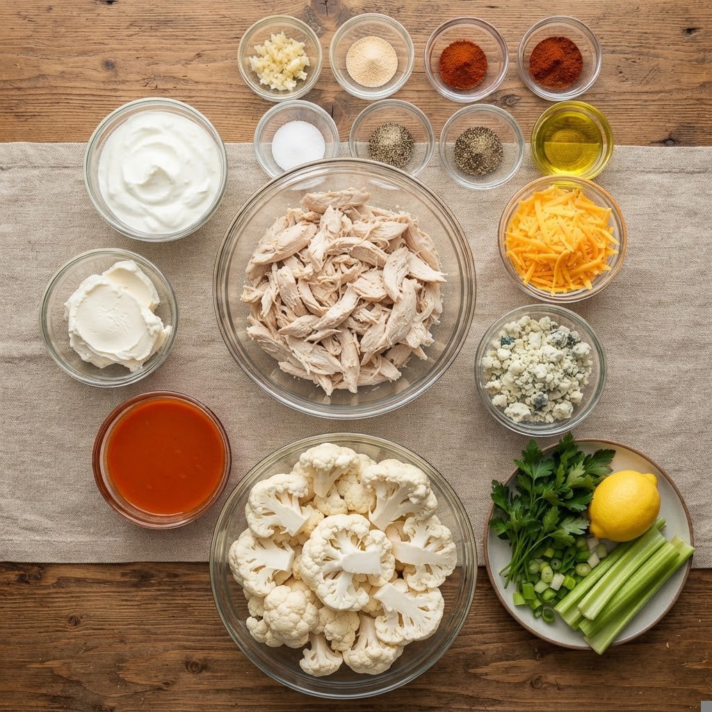 An array of ingredients for a recipe, including cooked shredded chicken, cauliflower florets, yogurt, cream cheese, blue cheese, shredded cheddar, hot sauce, and various spices arranged in bowls on a wooden table.