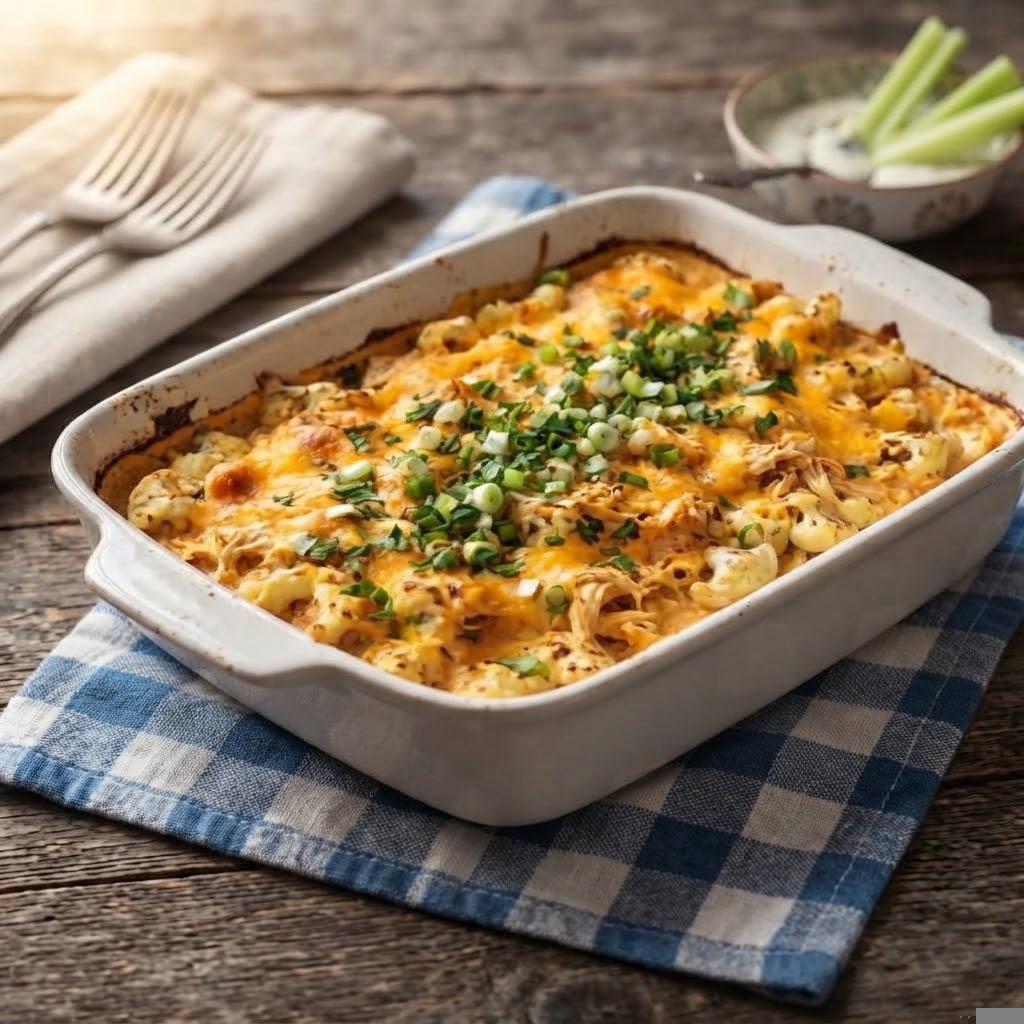 A baked dish featuring pasta, shredded chicken, and melted cheese, topped with chopped green onions, served in a white casserole dish on a blue checkered cloth.