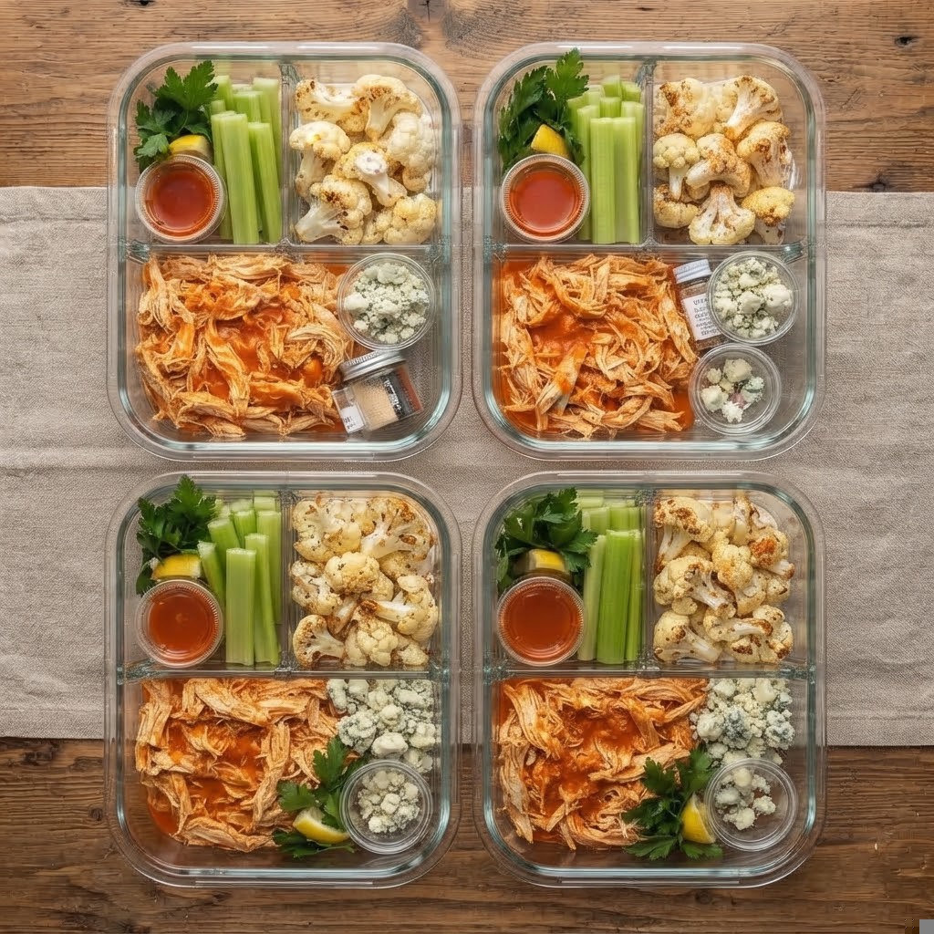 Four meal prep containers filled with shredded buffalo chicken, roasted cauliflower, celery sticks, blue cheese, and dipping sauces, arranged neatly on a wooden table.
