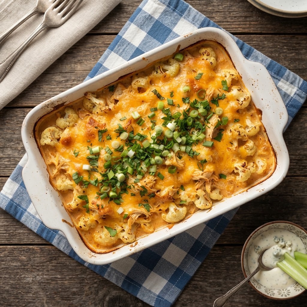 Baked casserole dish with cheese, cauliflower, and green onions, served on a blue and white checkered cloth with a side of ranch dressing and celery.