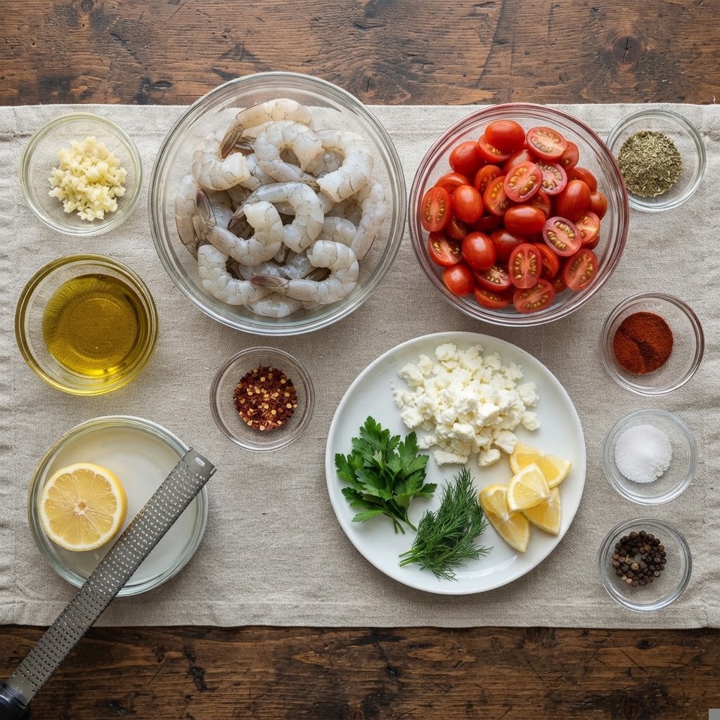 A flat lay of cooking ingredients including shrimp, cherry tomatoes, garlic, olive oil, lemon, fresh herbs, and various spices arranged on a linen cloth.