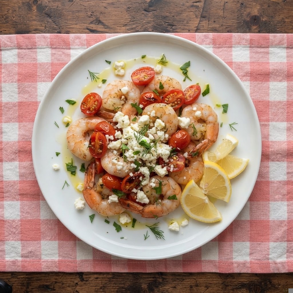 Plate of shrimp garnished with cherry tomatoes, crumbled feta cheese, and fresh herbs, served with lemon wedges on a checkered tablecloth.