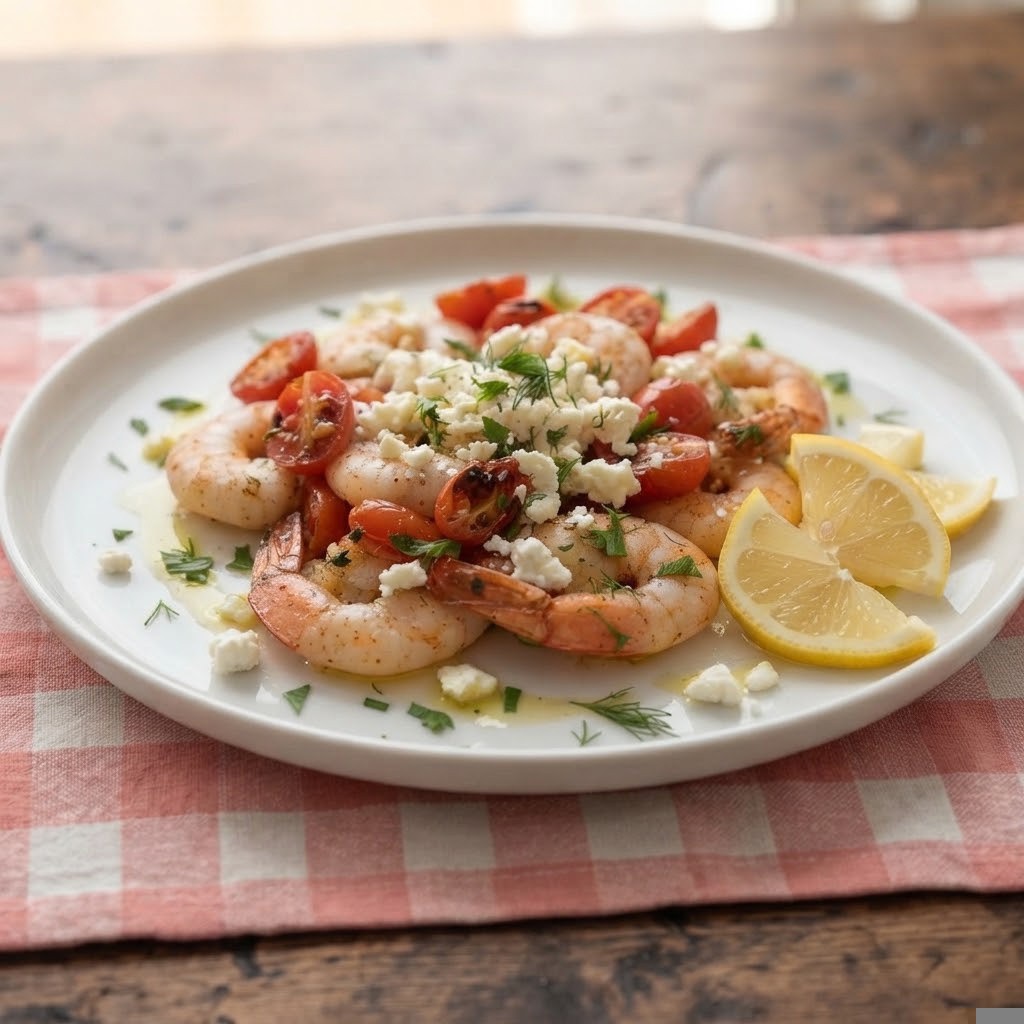 A plate of cooked shrimp garnished with cherry tomatoes, crumbled feta cheese, and fresh herbs, accompanied by lemon wedges, on a wooden table with a checkered cloth.