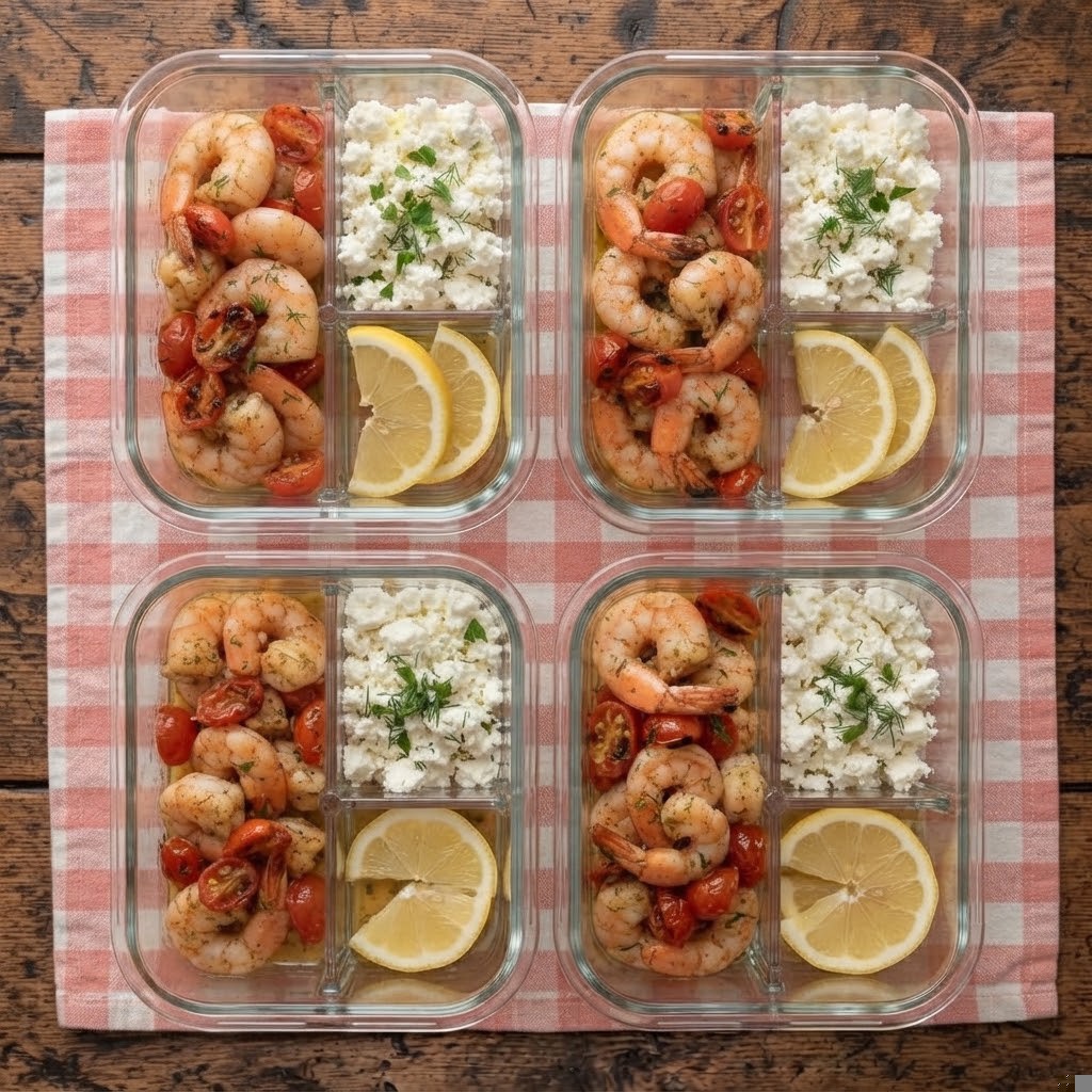 Four glass meal prep containers filled with shrimp, cherry tomatoes, and cottage cheese, garnished with lemon slices and fresh herbs, arranged on a checkered cloth on a wooden table.