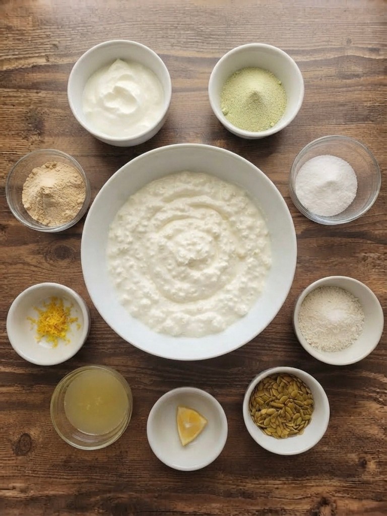A flat lay arrangement of various ingredients on a wooden table, including bowls of yogurt, green powder, flour, sugar, spices, lemon juice, lemon zest, and pumpkin seeds.