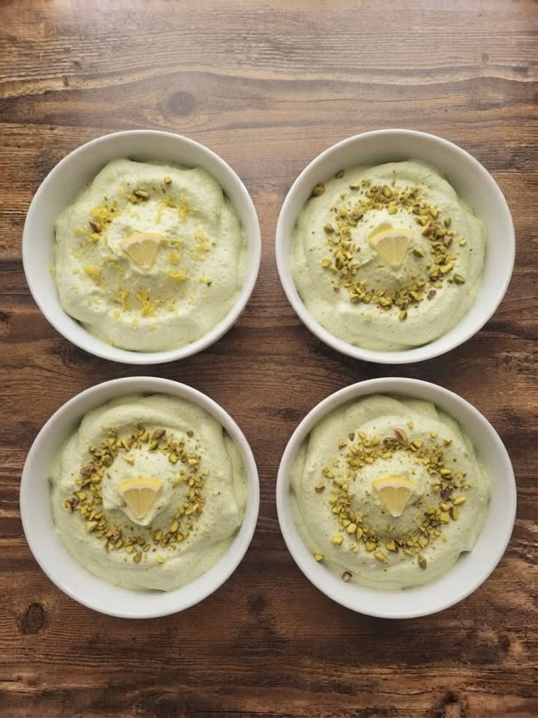 Four bowls of green dessert topped with chopped pistachios and lemon slices, placed on a wooden table.