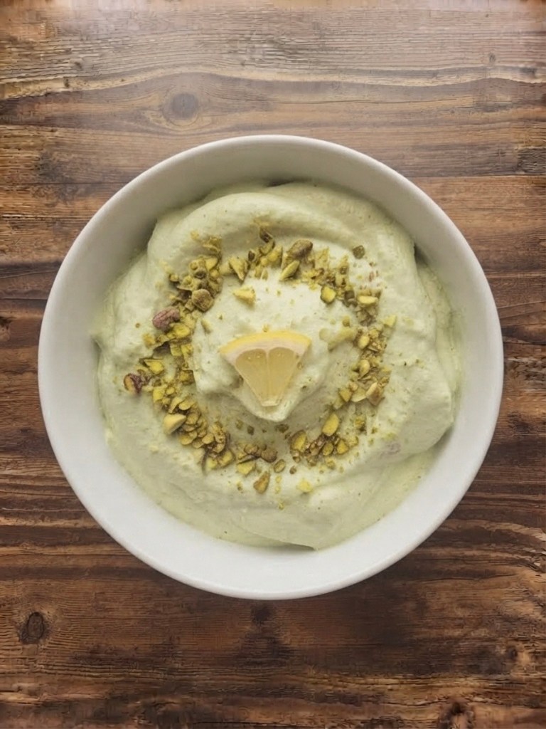 A bowl of creamy green dessert topped with crushed pistachios and a slice of lemon, set on a wooden surface.