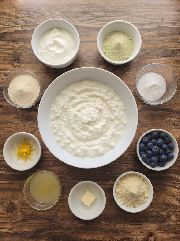 A variety of ingredients laid out on a wooden table, including yogurt, flour, powdered ingredients, blueberries, lemon zest, butter, and a liquid in a small bowl.