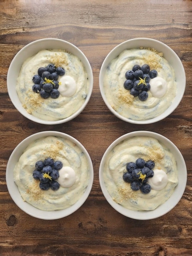Four bowls of creamy yogurt topped with fresh blueberries, a dollop of cream, and a sprinkle of crumbs, arranged on a wooden surface.