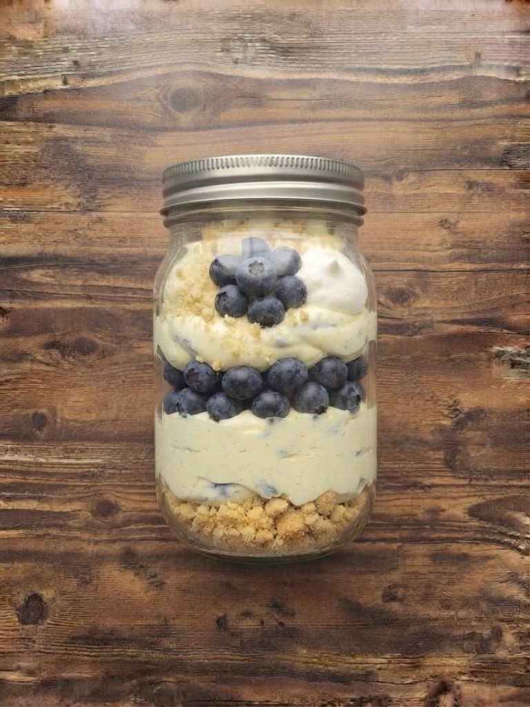 A mason jar filled with layers of creamy dessert, blueberries, and crumbly topping, placed on a wooden surface.