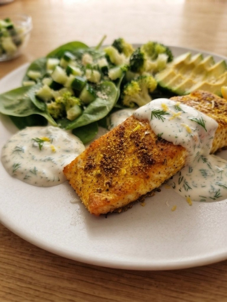A plate featuring a grilled salmon fillet topped with a creamy dill sauce, accompanied by a fresh spinach and cucumber salad, and sides of broccoli and avocado slices.