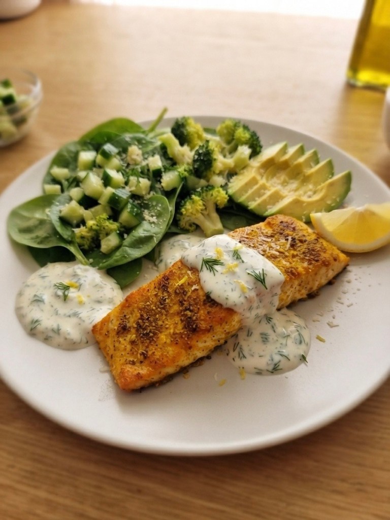 A plated meal featuring seasoned salmon fillet topped with dill sauce, served with a side of fresh spinach salad, steamed broccoli, diced cucumber, and avocado slices, with a wedge of lemon.