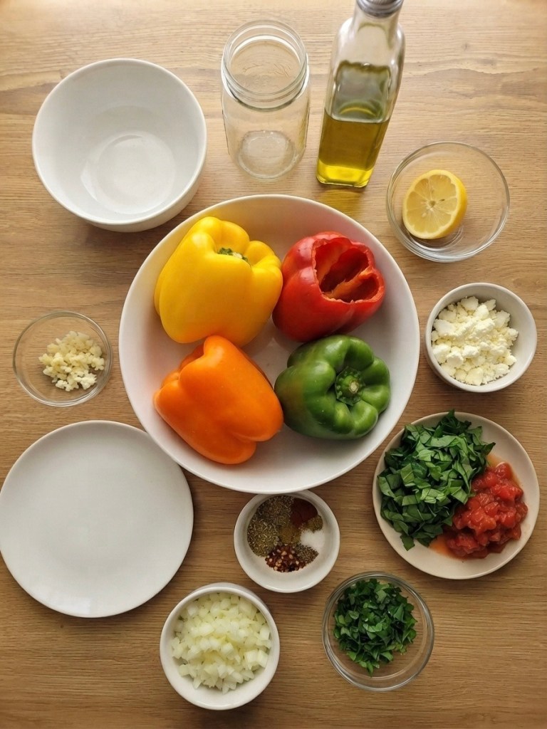 A collection of fresh ingredients for cooking, including yellow, red, orange, and green bell peppers, chopped onions, minced garlic, diced tomatoes, fresh spinach, feta cheese, herbs, olive oil, lemon, and empty bowls on a wooden surface.