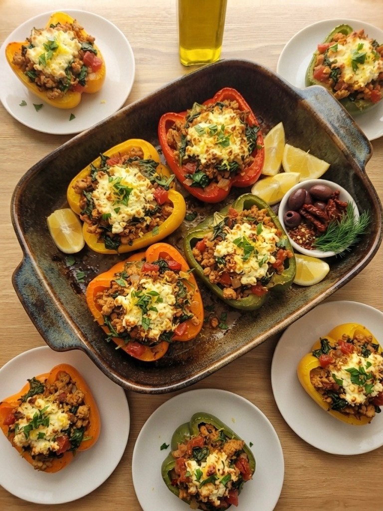 A wooden table featuring a serving dish filled with colorful stuffed bell peppers, topped with cheese and herbs, alongside sliced lemons and olives, with individual plates of stuffed peppers arranged around the main dish.