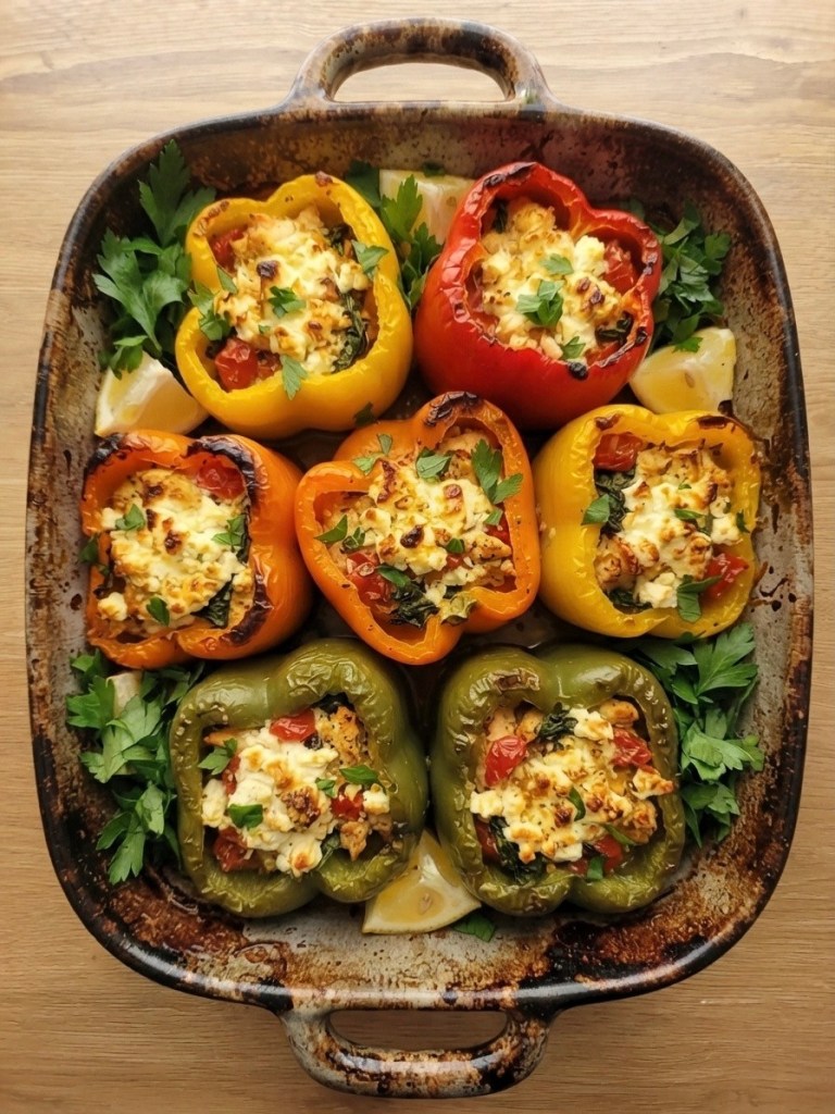 Baked stuffed bell peppers in a dish, featuring red, yellow, green, and orange peppers filled with a mixture of vegetables, cheese, and herbs, garnished with parsley.
