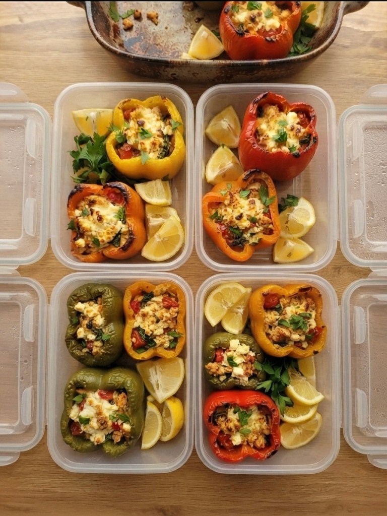Colorful stuffed bell peppers in meal prep containers, featuring yellow, red, and green peppers filled with a mixture of vegetables and cheese, garnished with parsley and lemon wedges.